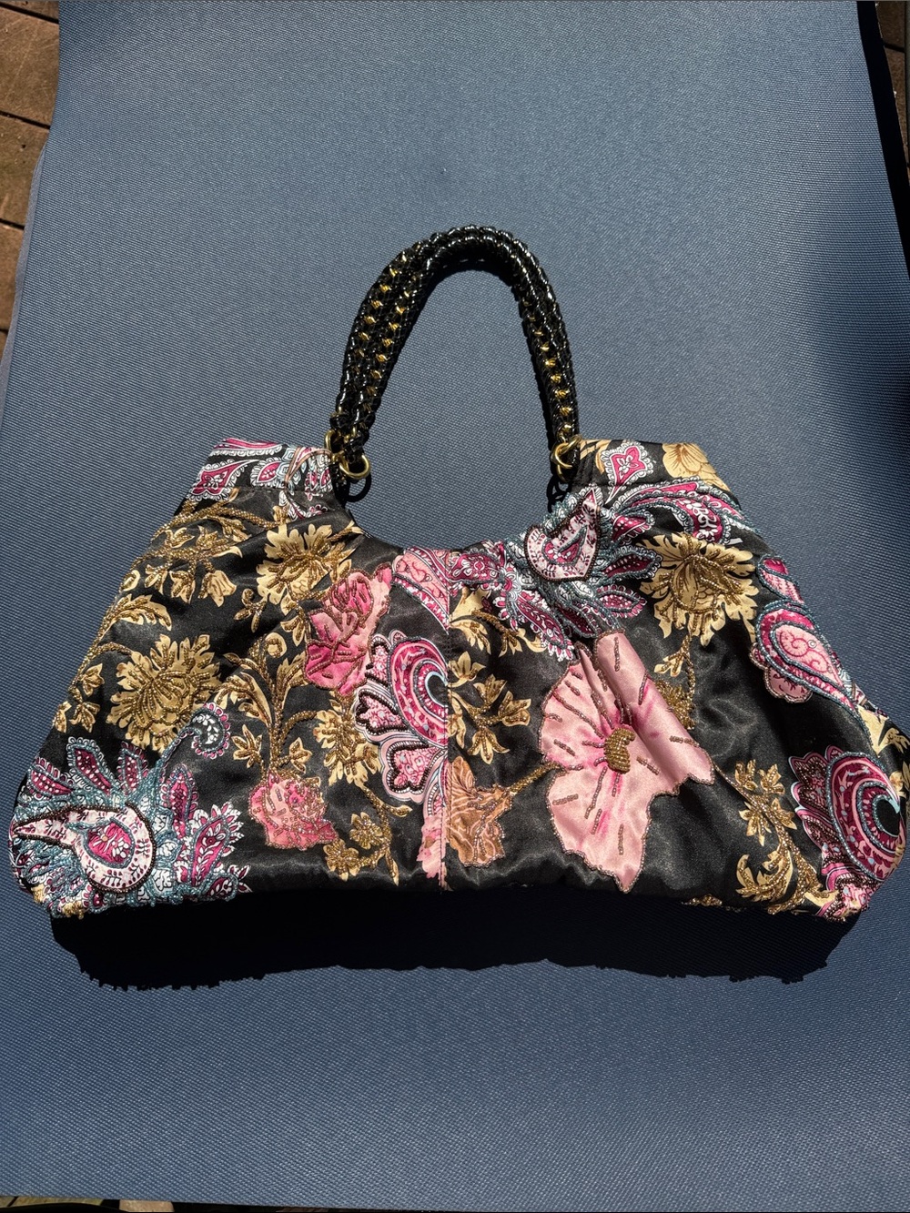 Italian made - beaded satin satchel with braided handles